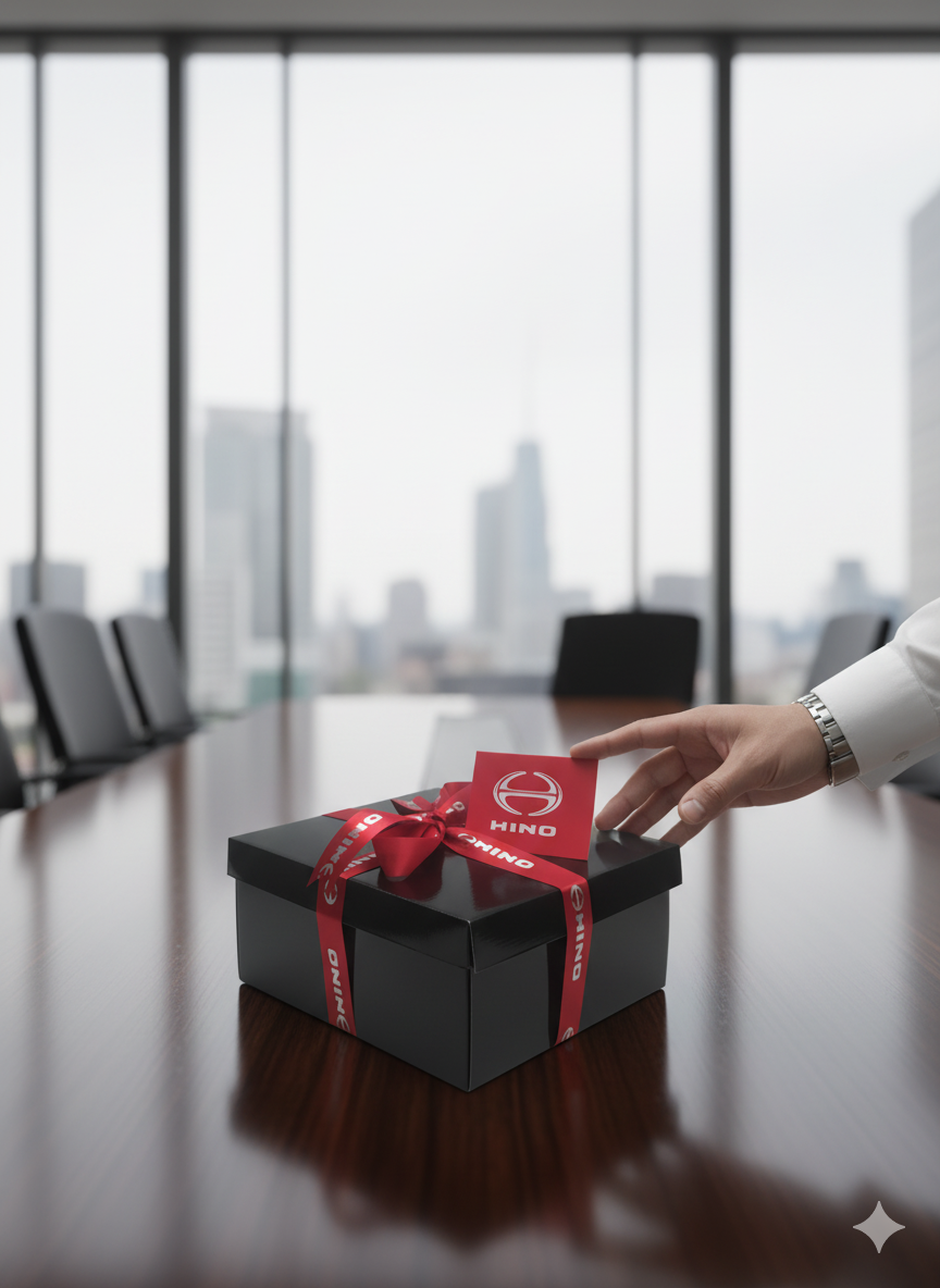 Hand placing a black gift box with a red ribbon on a conference table in an office setting.